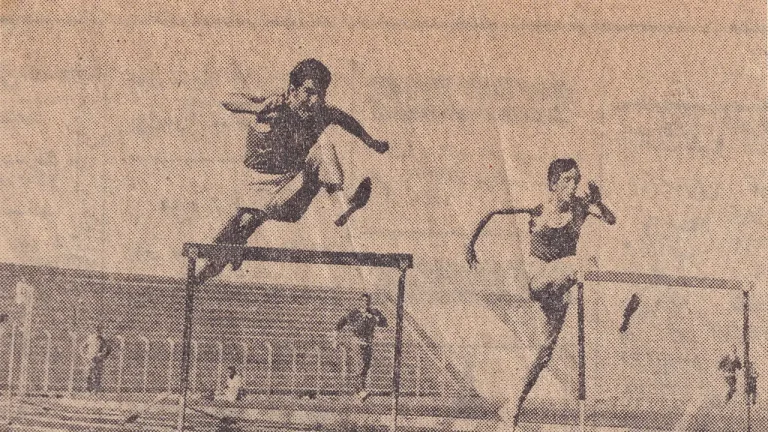 manouchehr shamshiri in track and field competition in isfahan - منوچهر شمشیری در مسابقات کشوری دو میدانی، درحال پرش از روی مانع در شهر اصفهان